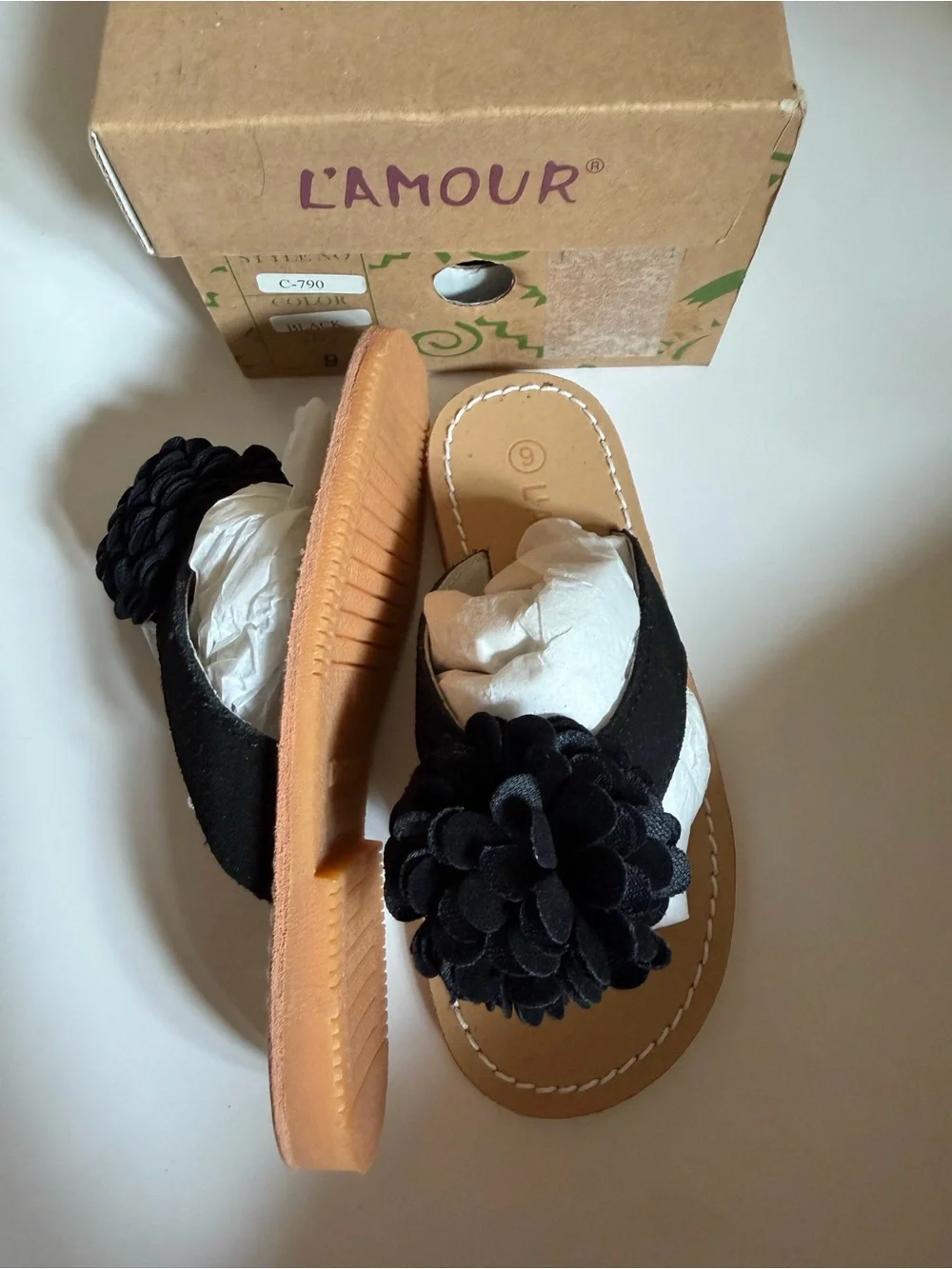 L'Amour Black Floral Suede Slide Sandals with Flower Appliqués